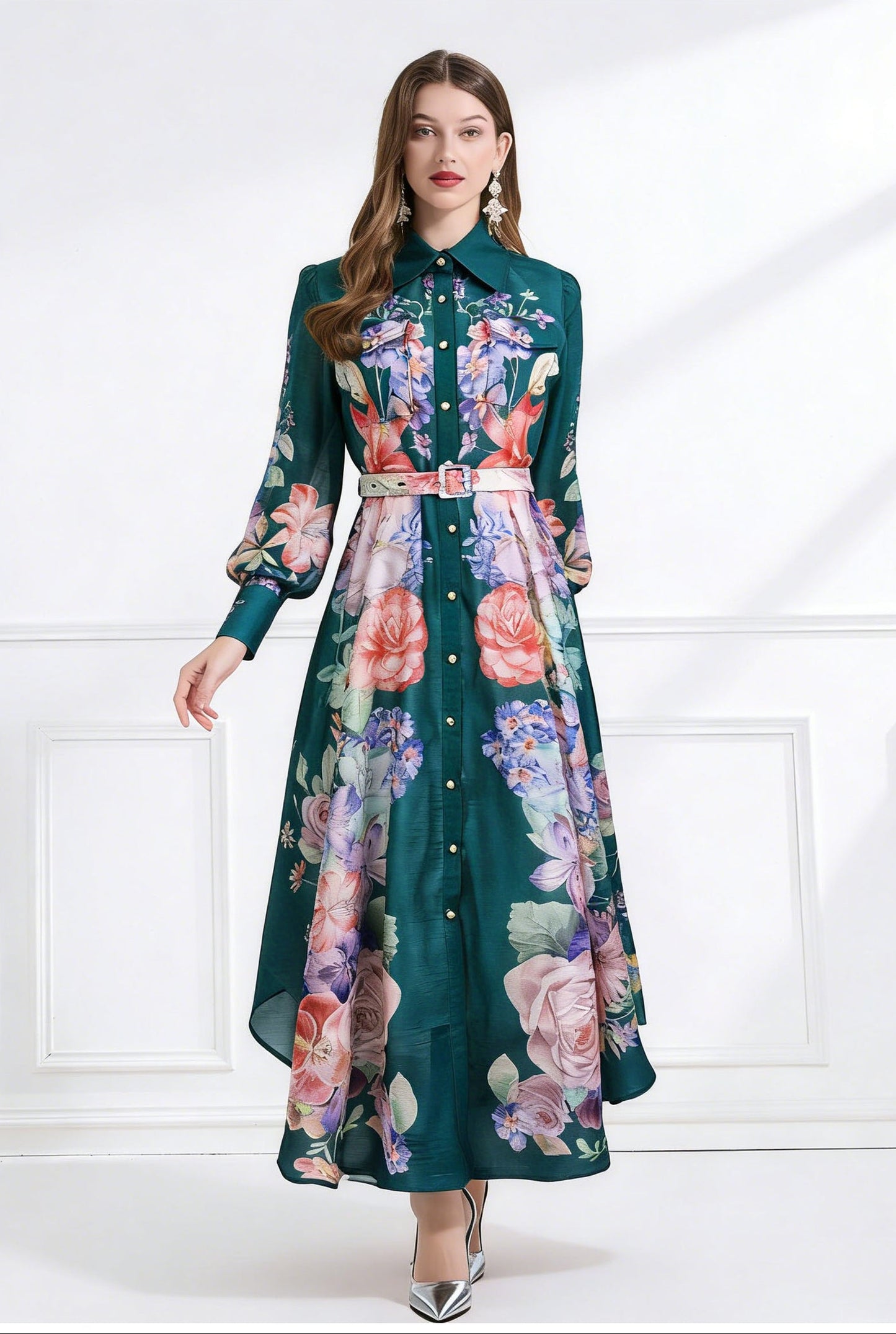 Jewel-Tone Botanical Print Gown-Tall Pointes Collar Edition