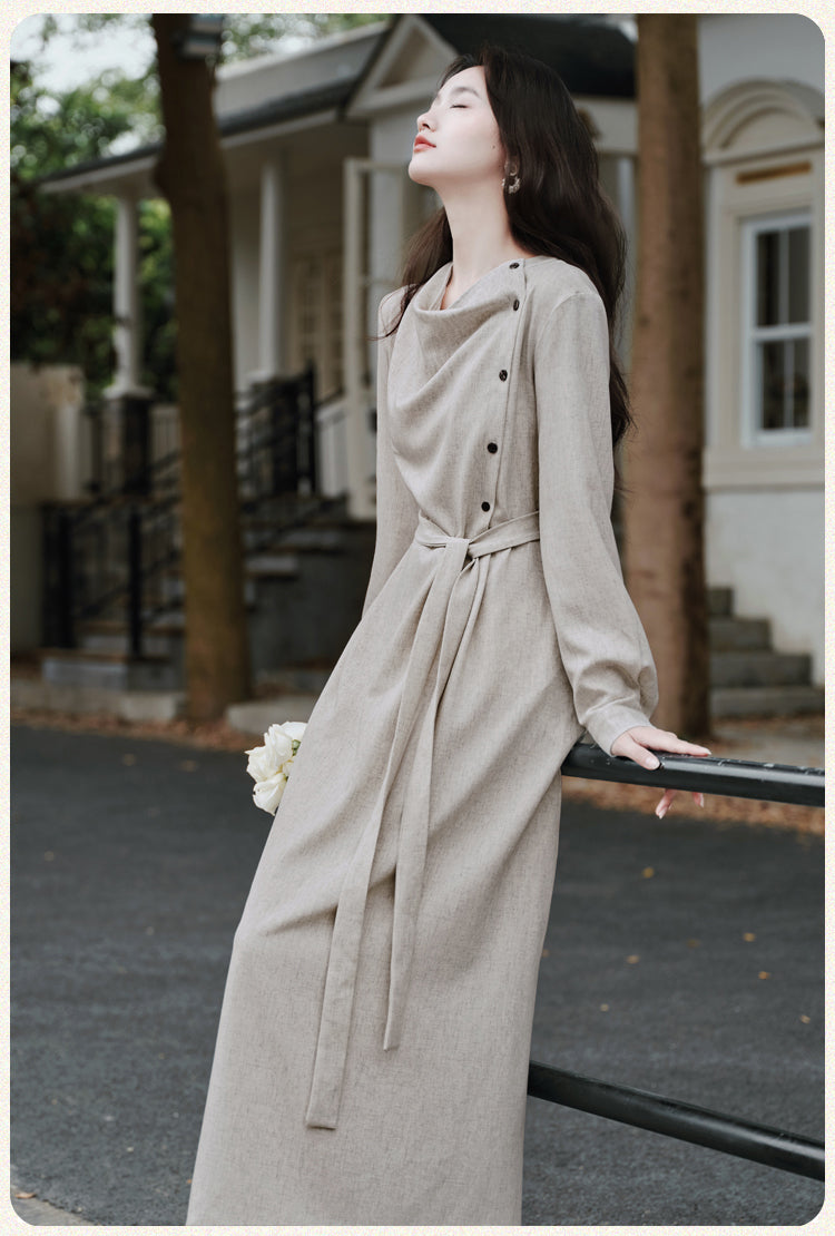 Beige Asymmetric Button-Up Maxi Dress With  Long Sleeve Linen-Look Minimalist Gown