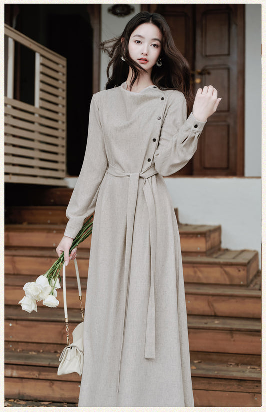 Beige Asymmetric Button-Up Maxi Dress With  Long Sleeve Linen-Look Minimalist Gown