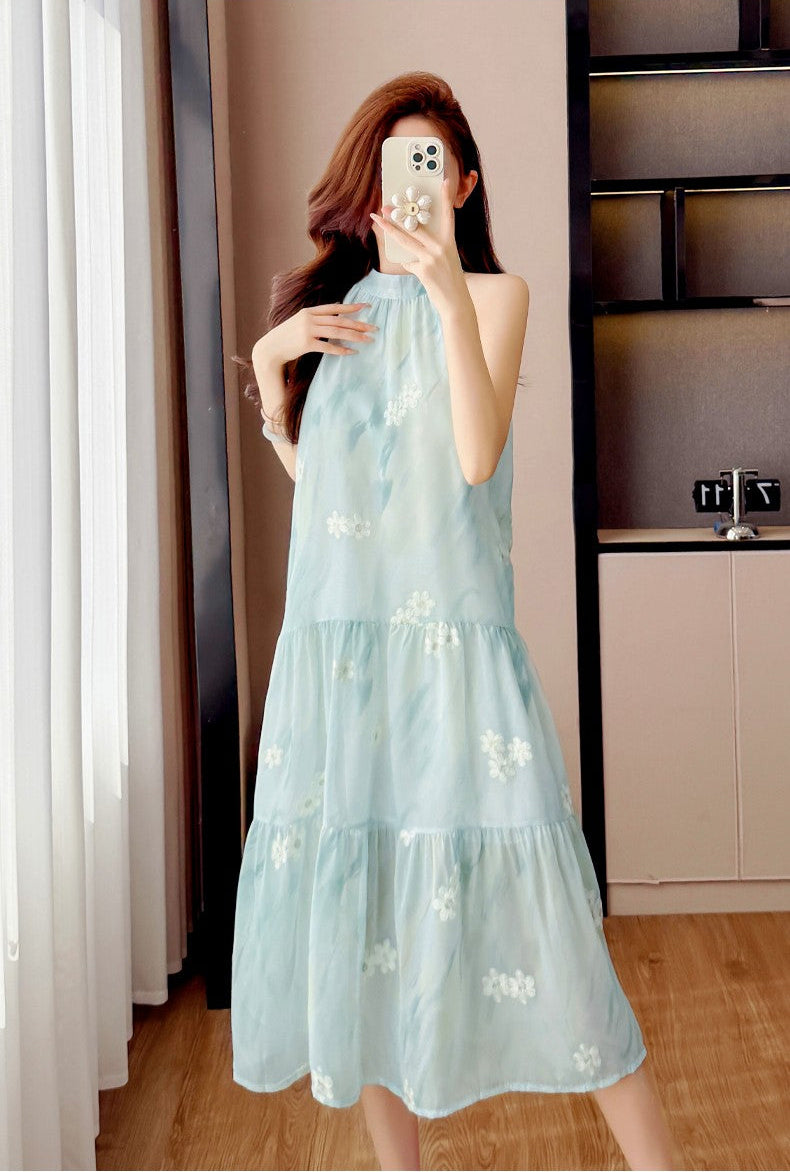 Coastal Mist Floral Tiered Trapeze Dress