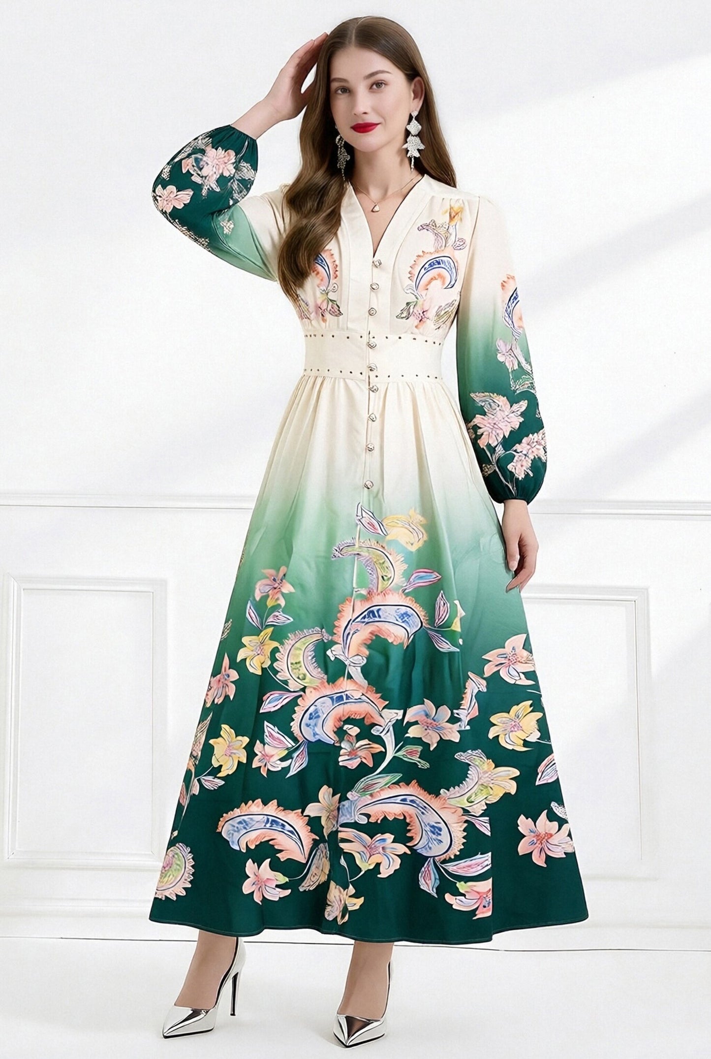 Jewel-Tone Dip-Dye Lantern Sleeve Resort Dress
