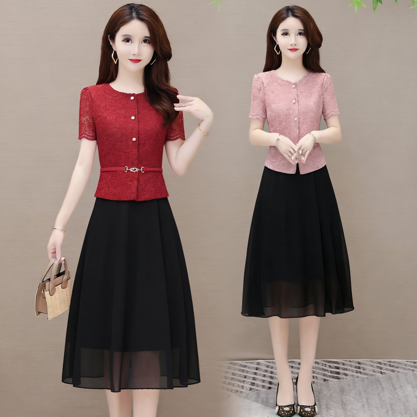 Short Sleeve Lace Button-Up Midi Dress – Elegant Belted Chiffon Skirt Combo Dress
