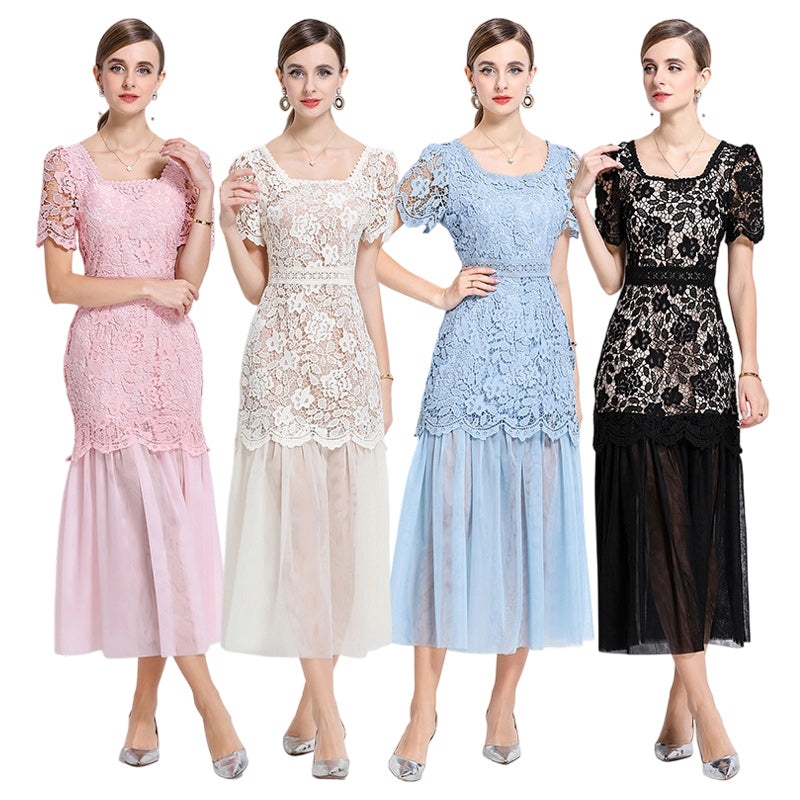 Floral Lace Short Sleeve Midi Dress With Tulle Hem