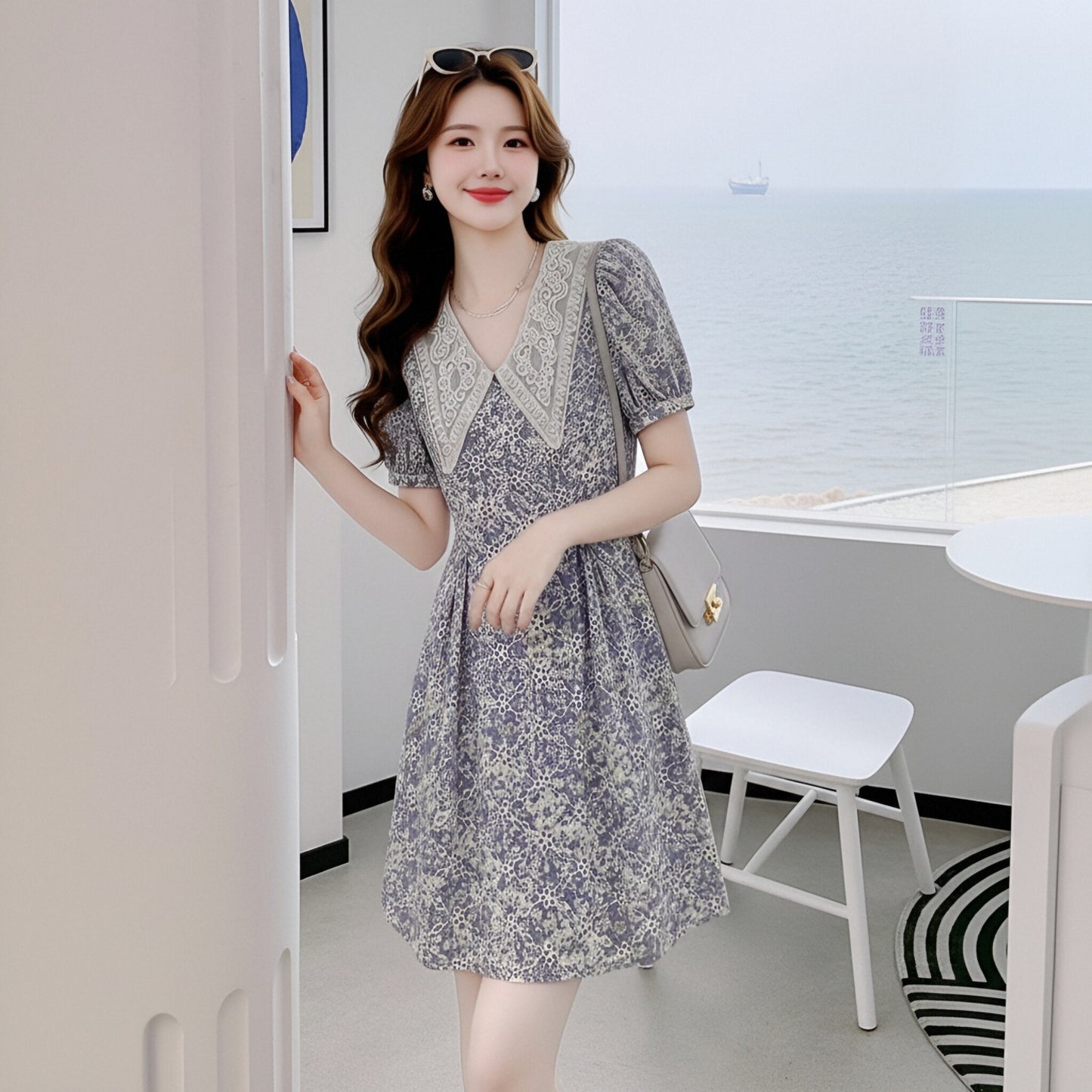 Daisy Lavender Puff Sleeve Dress with Lace Collar