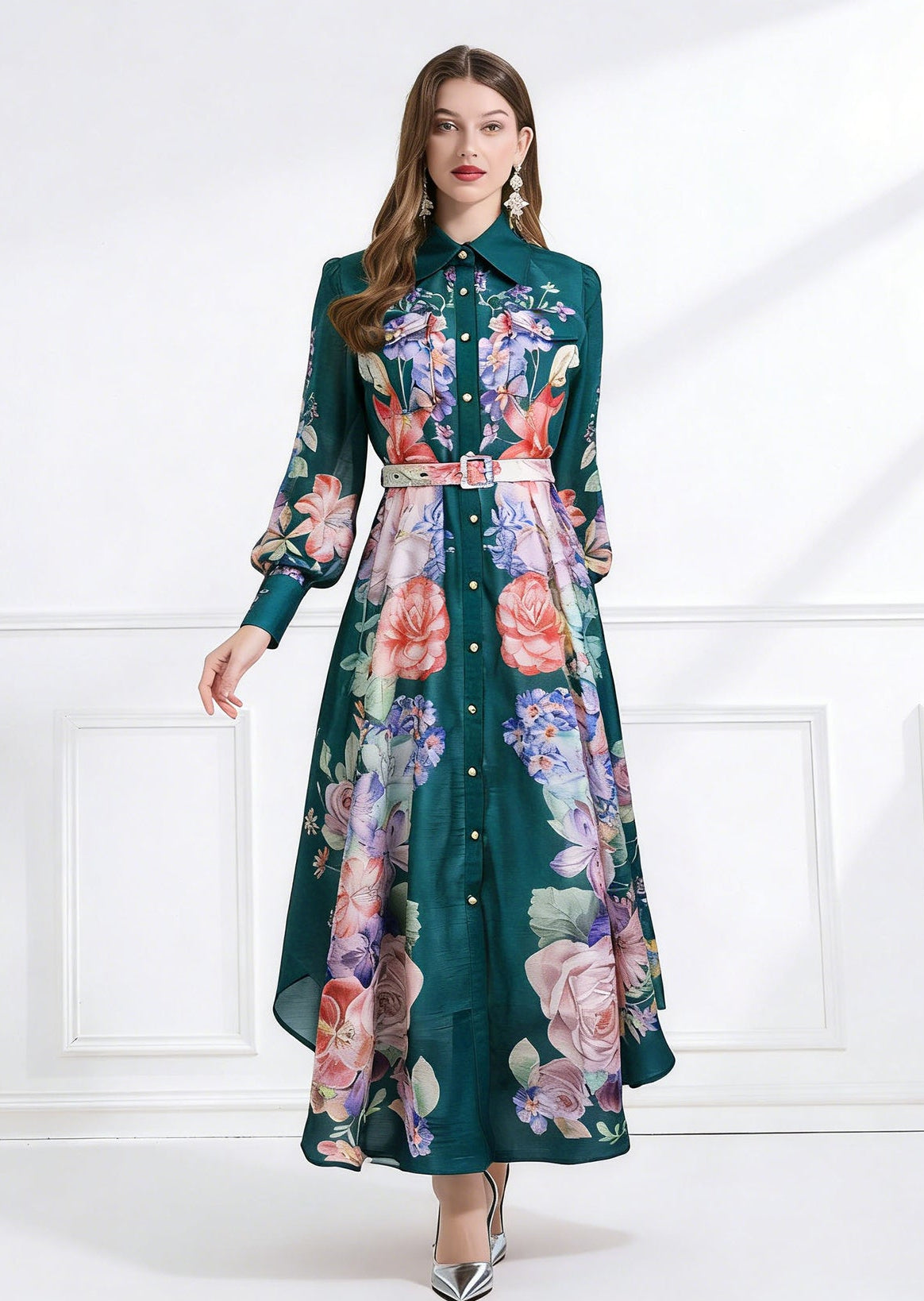 Jewel-Tone Botanical Print Gown-Tall Pointes Collar Edition