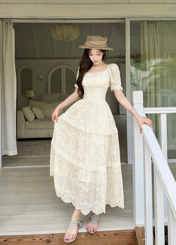 Elegant Embroidered Eyelet Tiered Maxi Dress with Puff Sleeves and Ruched Bust