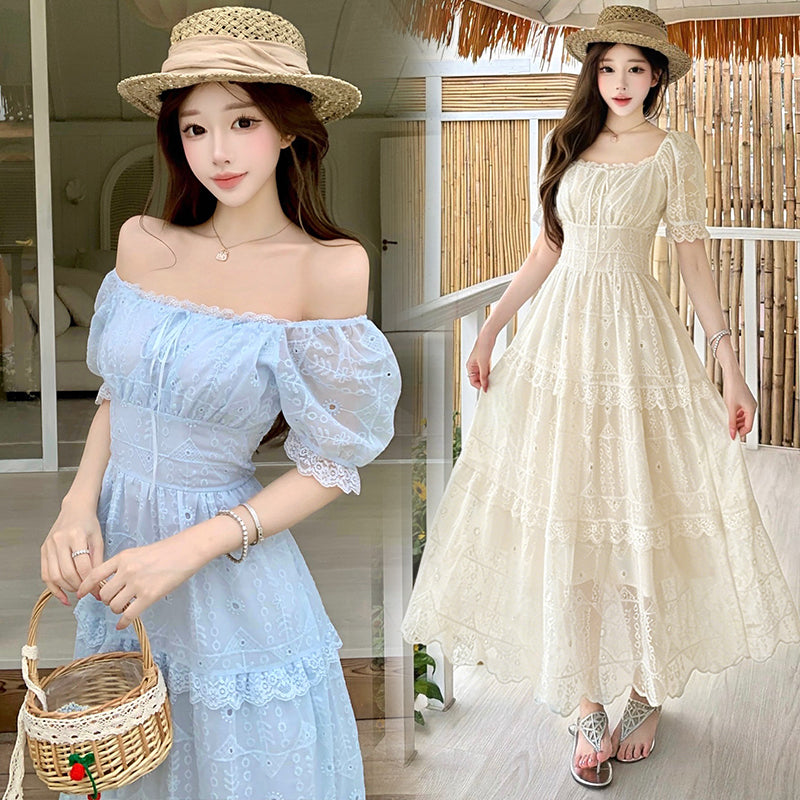 Elegant Embroidered Eyelet Tiered Maxi Dress with Puff Sleeves and Ruched Bust