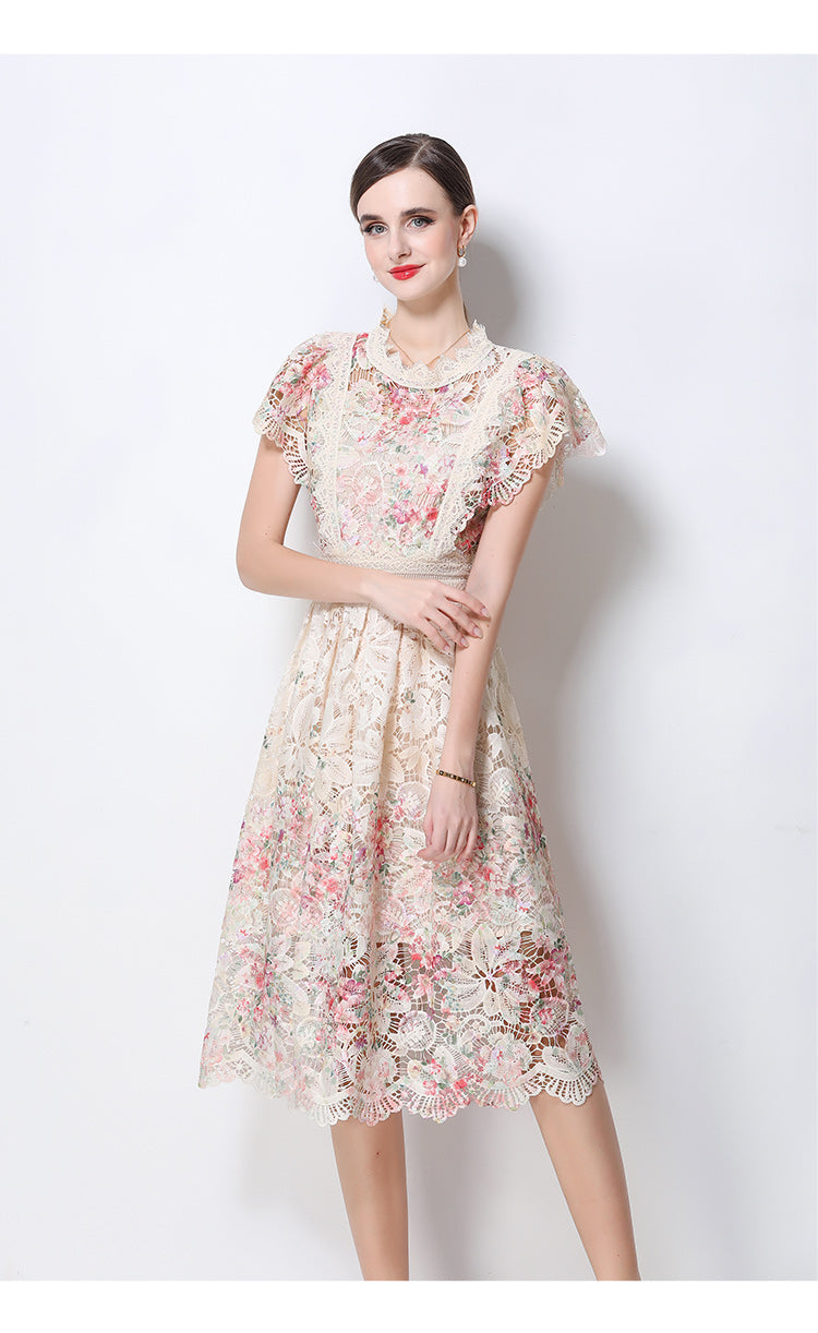 Vintage-Inspired High- Neck Lace A-Line Dress With Contrast Trim