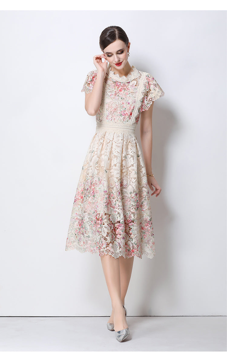 Vintage-Inspired High- Neck Lace A-Line Dress With Contrast Trim