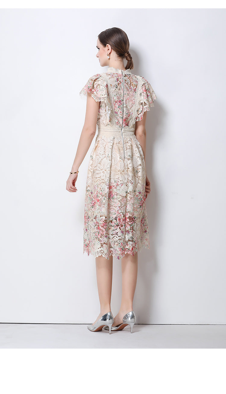 Vintage-Inspired High- Neck Lace A-Line Dress With Contrast Trim