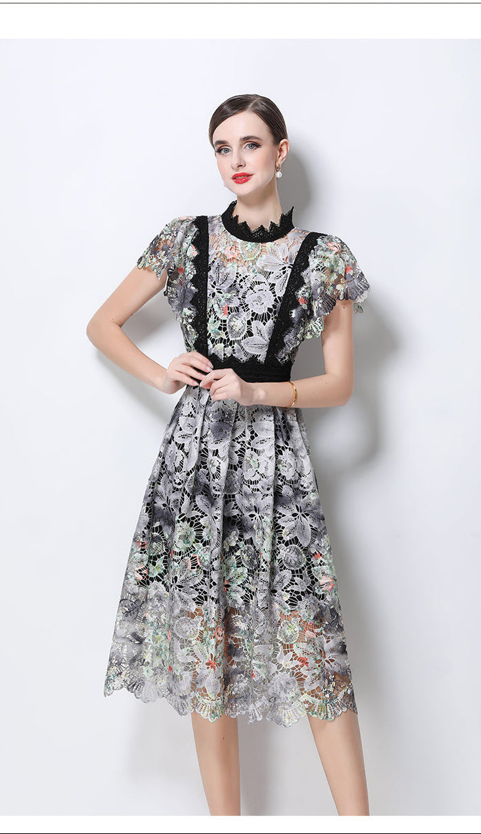 Vintage-Inspired High- Neck Lace A-Line Dress With Contrast Trim