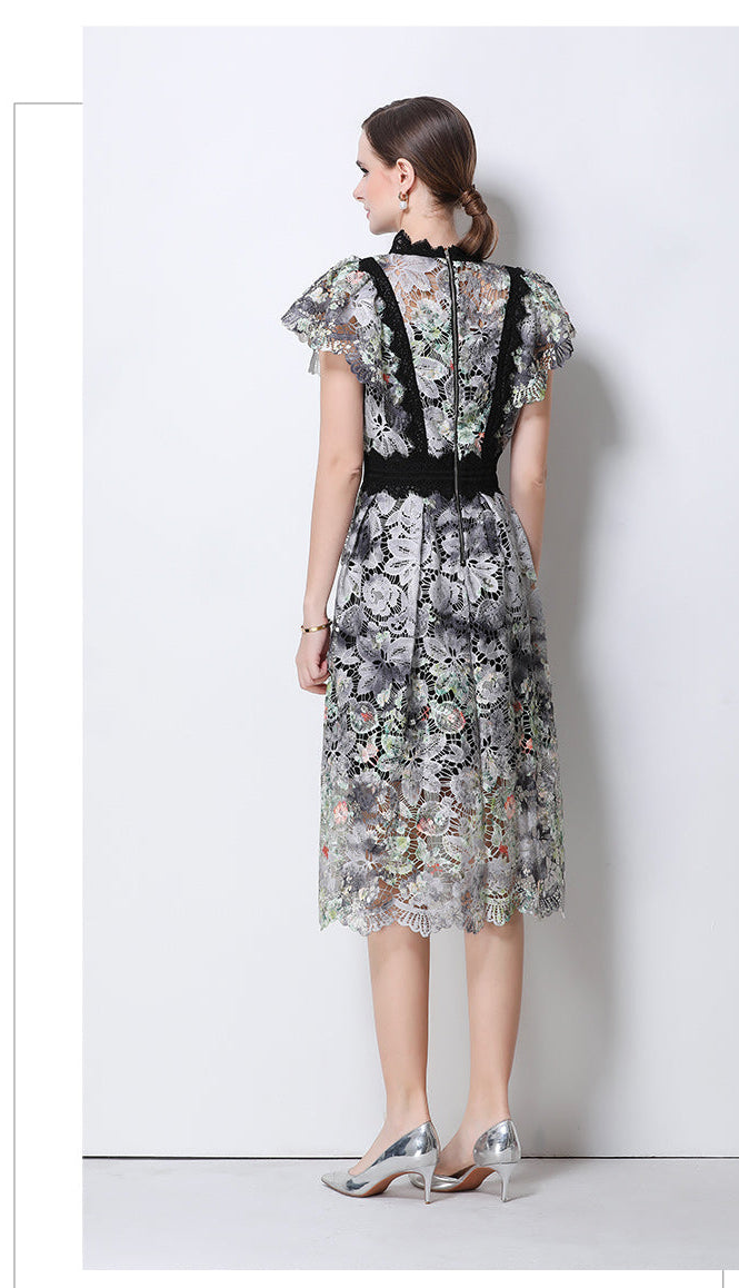 Vintage-Inspired High- Neck Lace A-Line Dress With Contrast Trim