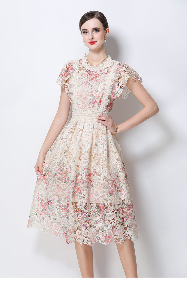 Vintage-Inspired High- Neck Lace A-Line Dress With Contrast Trim