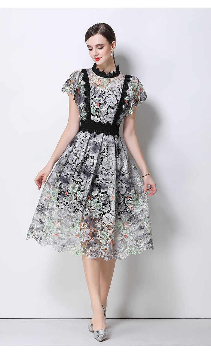 Vintage-Inspired High- Neck Lace A-Line Dress With Contrast Trim