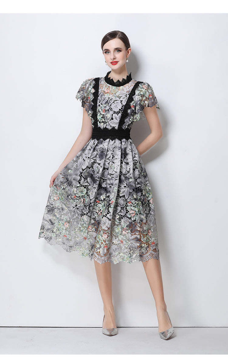 Vintage-Inspired High- Neck Lace A-Line Dress With Contrast Trim
