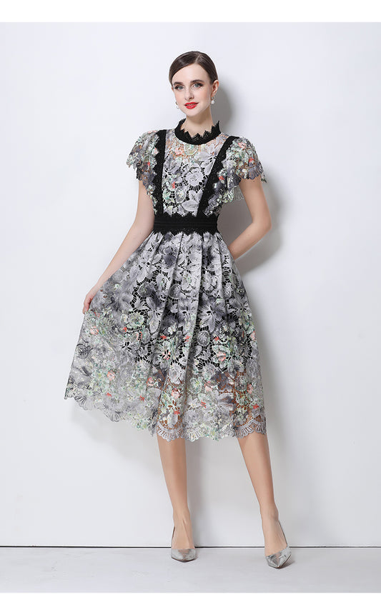 Vintage-Inspired High- Neck Lace A-Line Dress With Contrast Trim