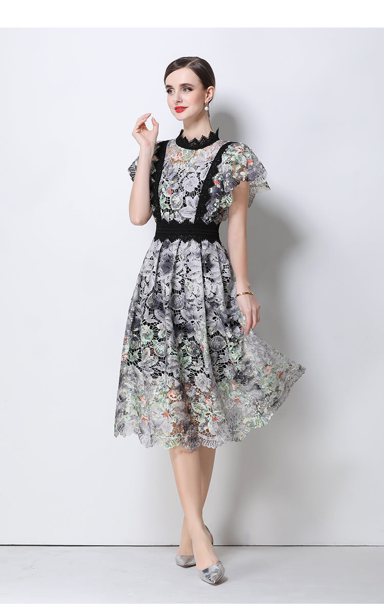 Vintage-Inspired High- Neck Lace A-Line Dress With Contrast Trim