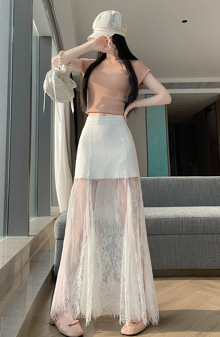 Sheer Floral Lace Maxi Skirt with Mini Lining | High-Waisted Overlay Skirt
