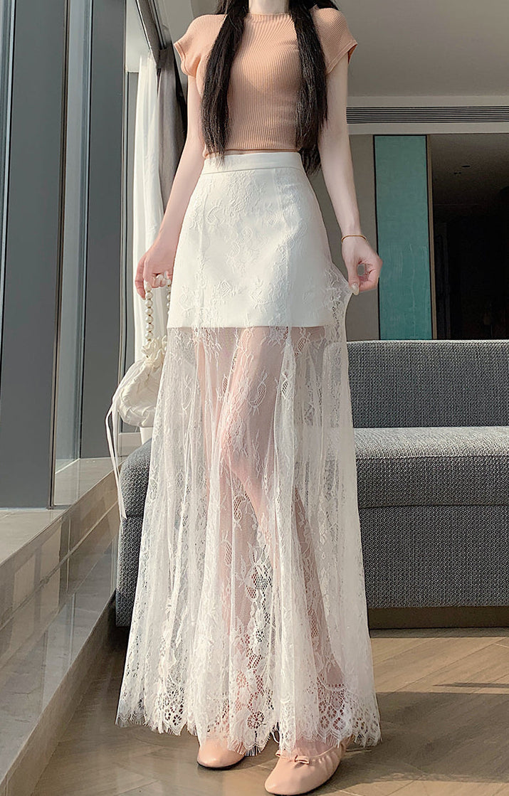 Sheer Floral Lace Maxi Skirt with Mini Lining | High-Waisted Overlay Skirt