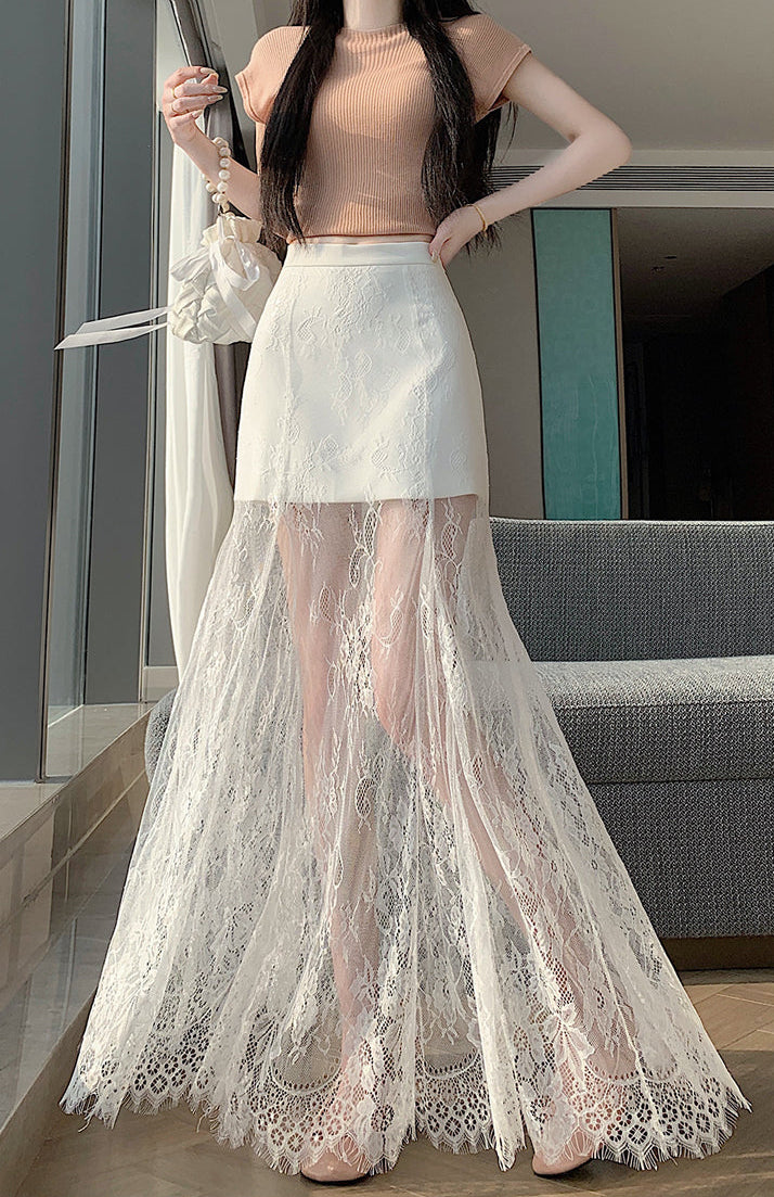 Sheer Floral Lace Maxi Skirt with Mini Lining | High-Waisted Overlay Skirt