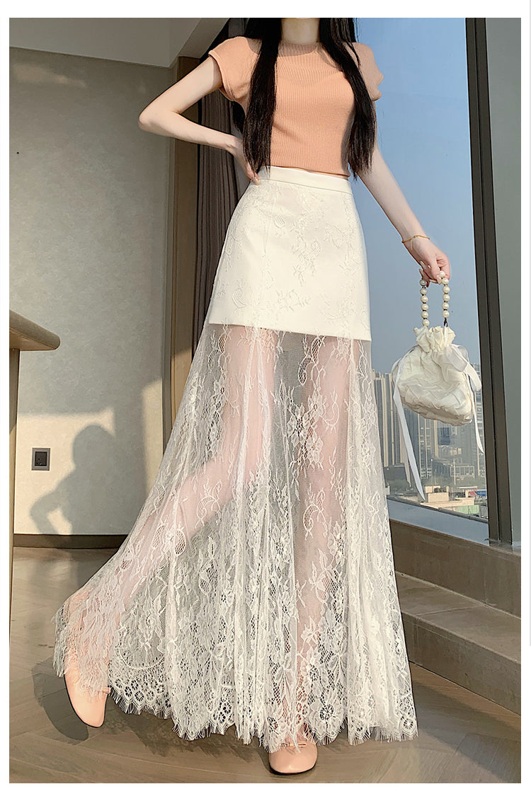 Sheer Floral Lace Maxi Skirt with Mini Lining | High-Waisted Overlay Skirt