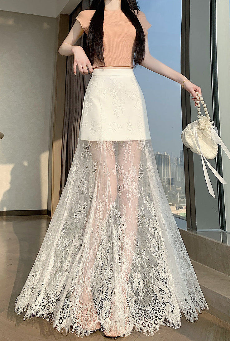 Sheer Floral Lace Maxi Skirt with Mini Lining | High-Waisted Overlay Skirt