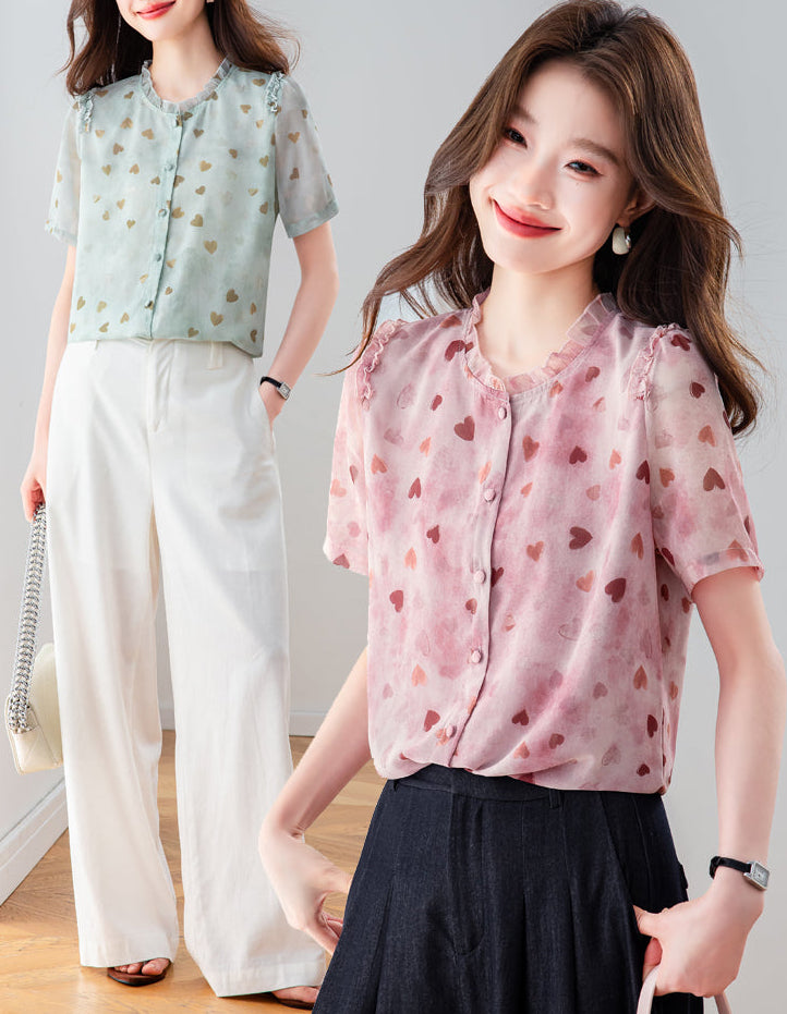 Elegant Sheer Heart Pattern Tunic - Short Sleeve Ruffle Neck Blouse for Women