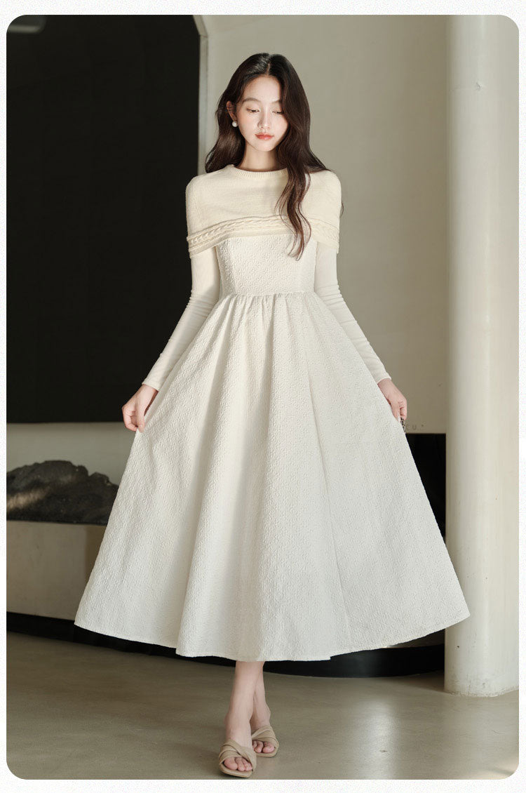 Winter Textures A-Line Maxi Dres Whit Cable-Knit Shrug
