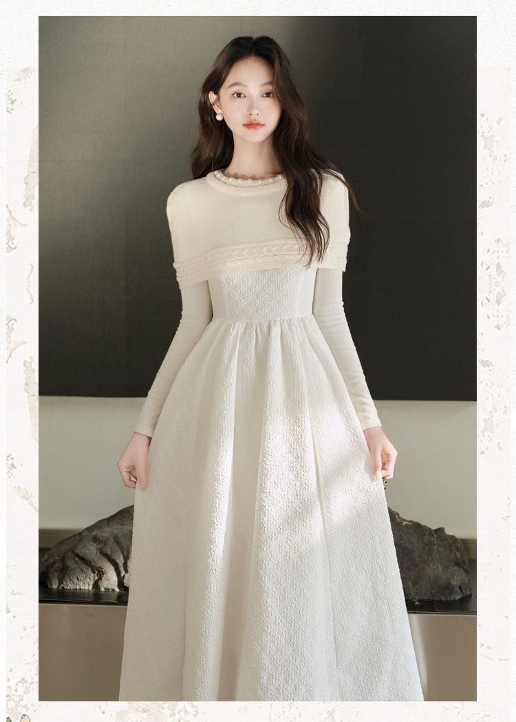 Winter Textures A-Line Maxi Dres Whit Cable-Knit Shrug
