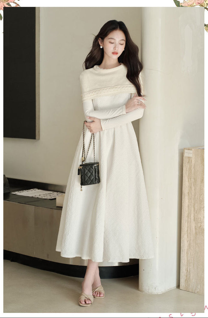 Winter Textures A-Line Maxi Dres Whit Cable-Knit Shrug