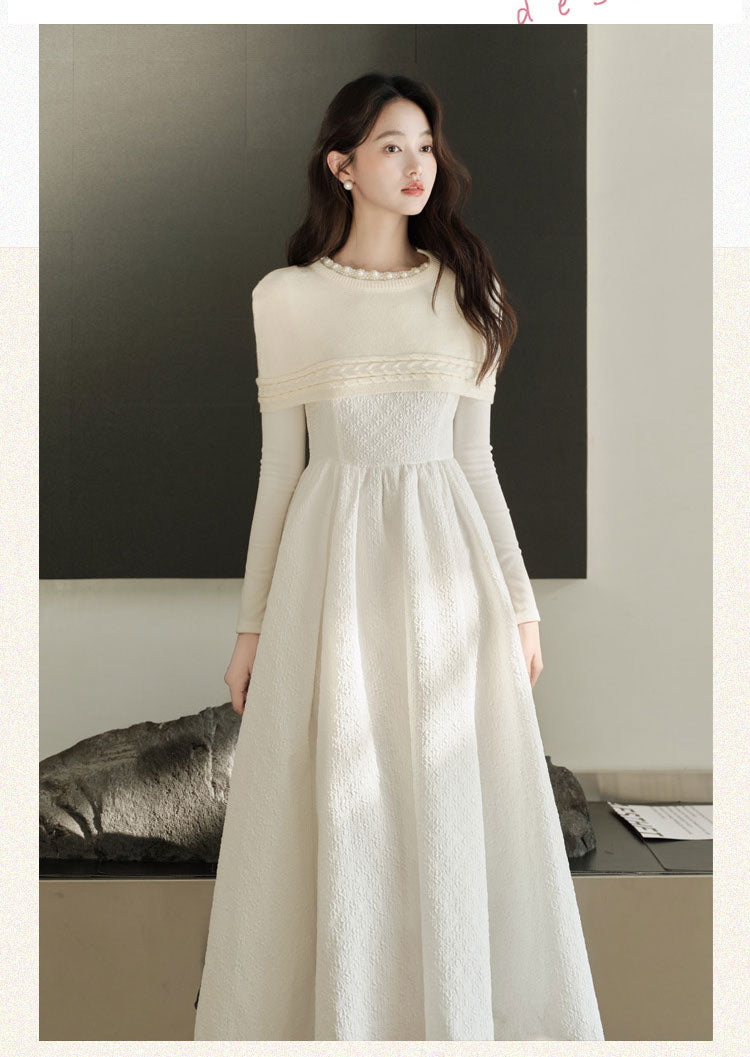 Winter Textures A-Line Maxi Dres Whit Cable-Knit Shrug