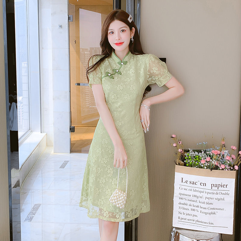Jade Floral Lace Qipao Knee-Length Dress