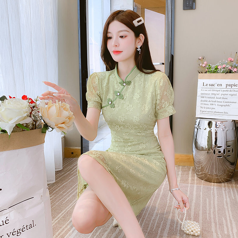 Jade Floral Lace Qipao Knee-Length Dress