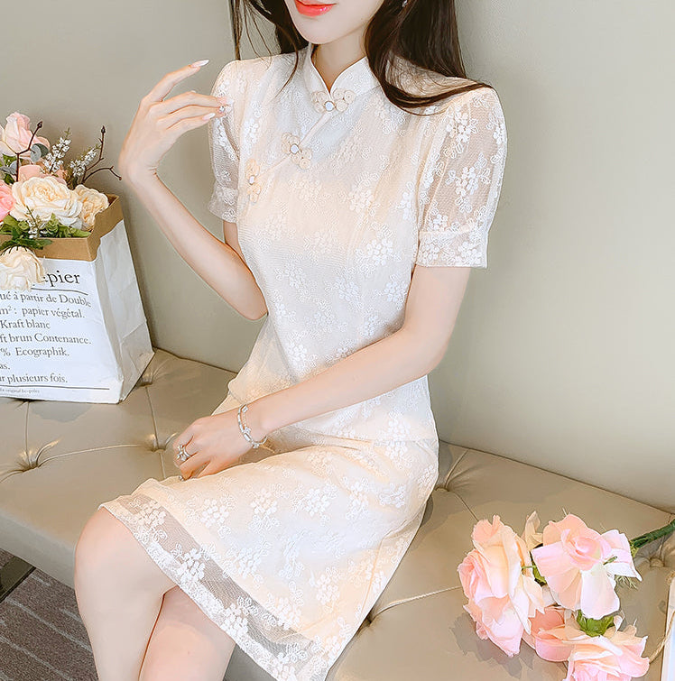 Jade Floral Lace Qipao Knee-Length Dress