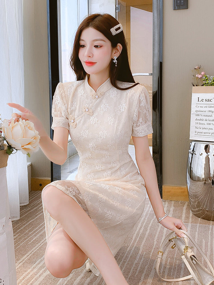 Jade Floral Lace Qipao Knee-Length Dress