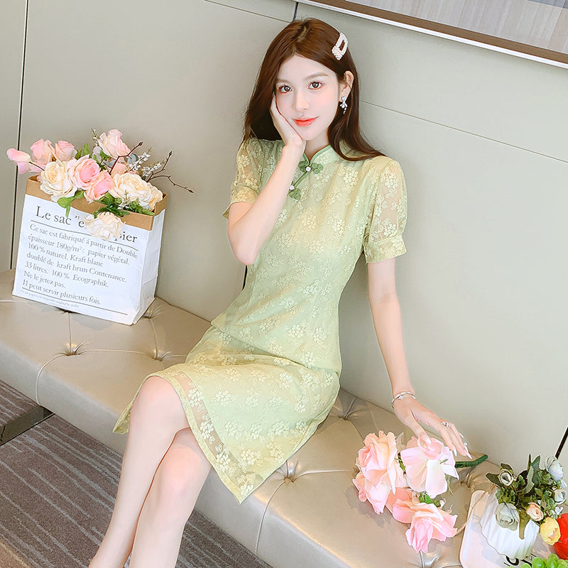 Jade Floral Lace Qipao Knee-Length Dress