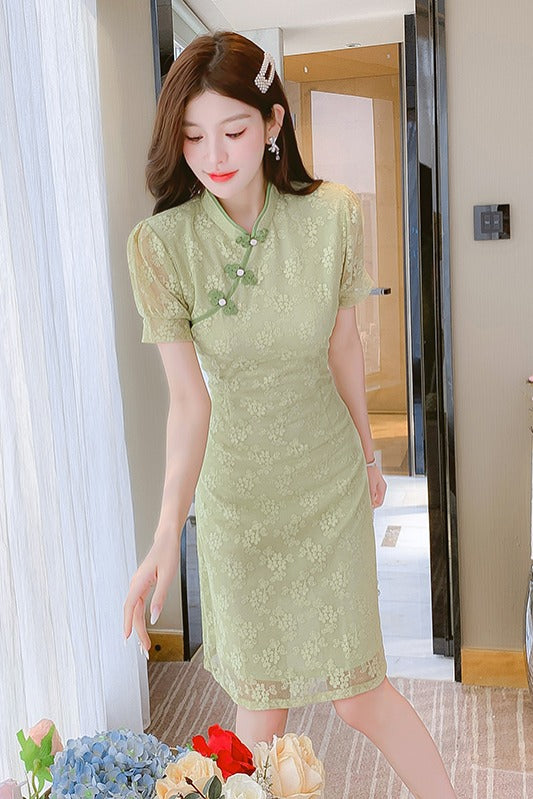 Jade Floral Lace Qipao Knee-Length Dress