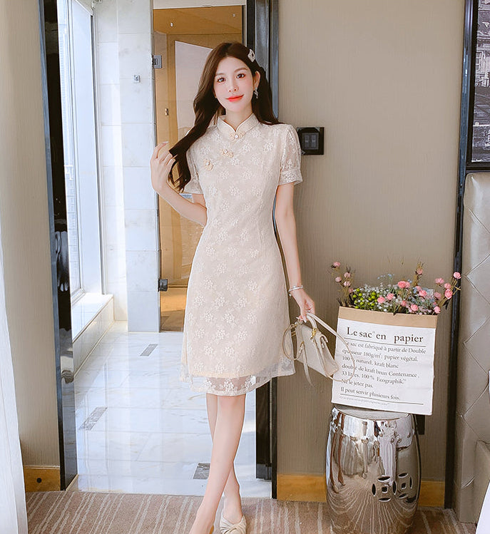 Jade Floral Lace Qipao Knee-Length Dress