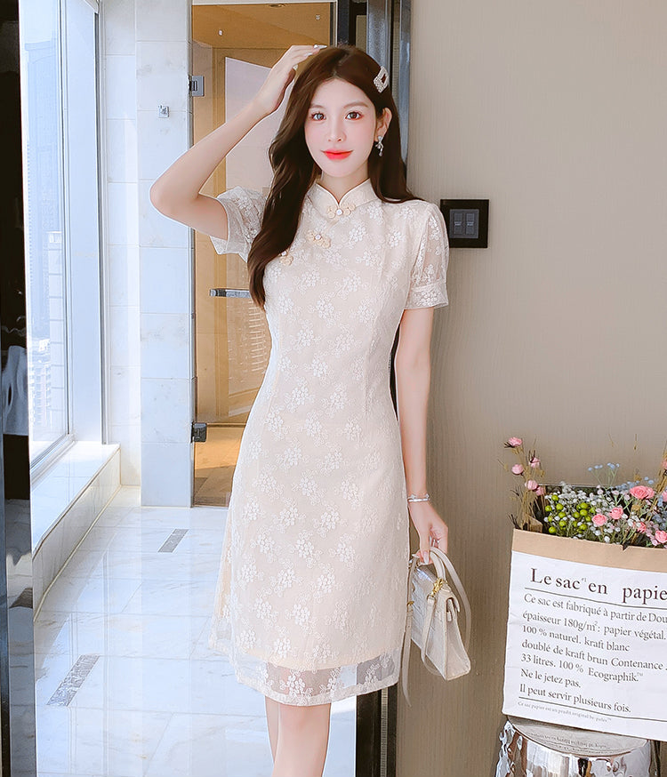Jade Floral Lace Qipao Knee-Length Dress