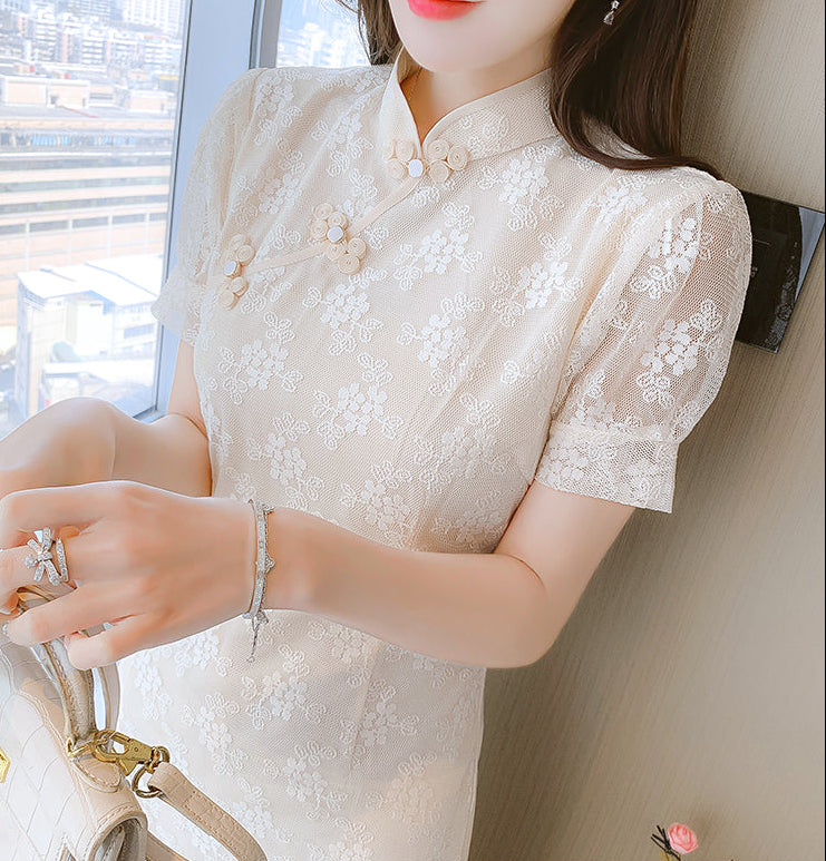 Jade Floral Lace Qipao Knee-Length Dress