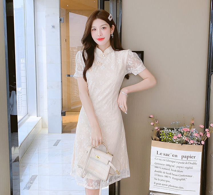 Jade Floral Lace Qipao Knee-Length Dress