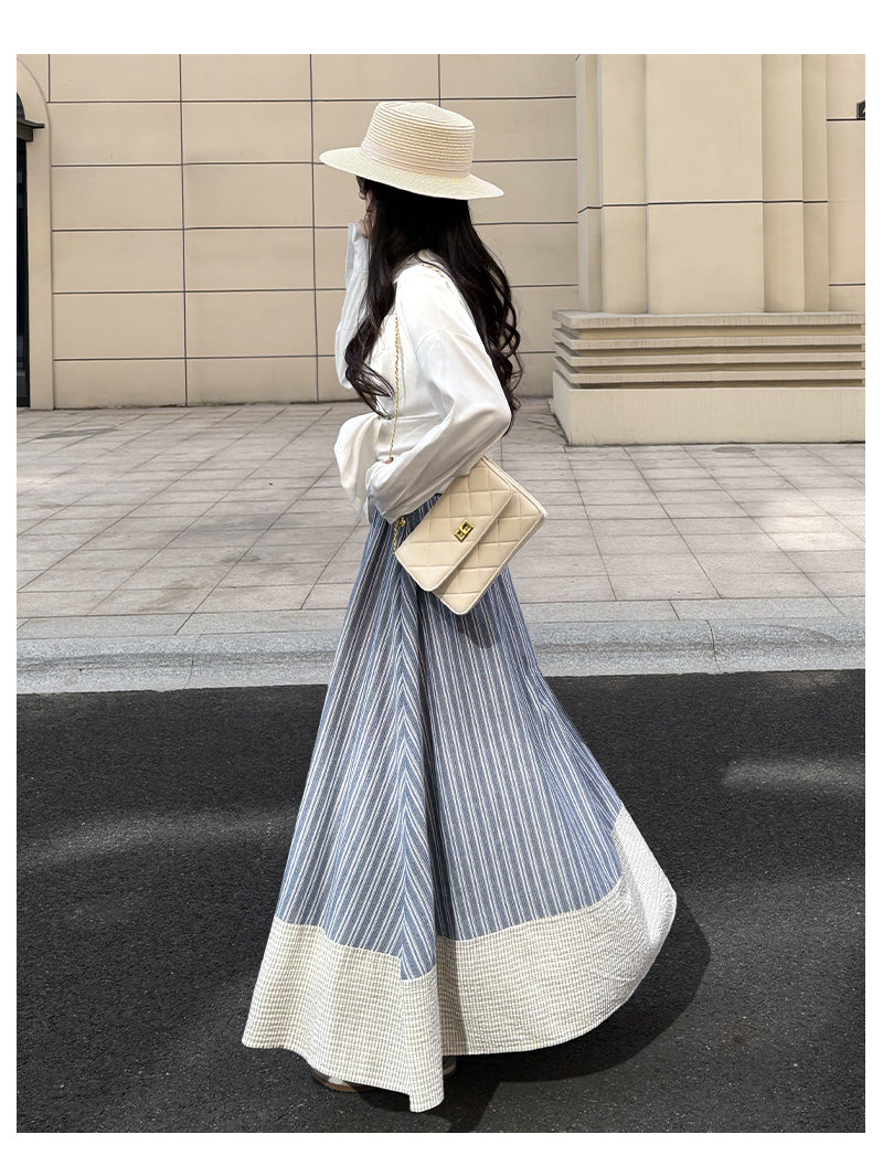 Japanese Mori-Style Striped Maxi Skirt With Gingham Border