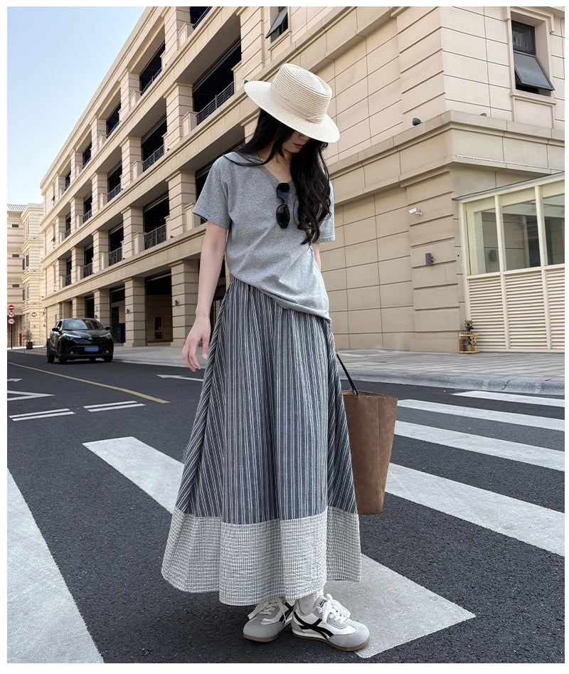 Japanese Mori-Style Striped Maxi Skirt With Gingham Border