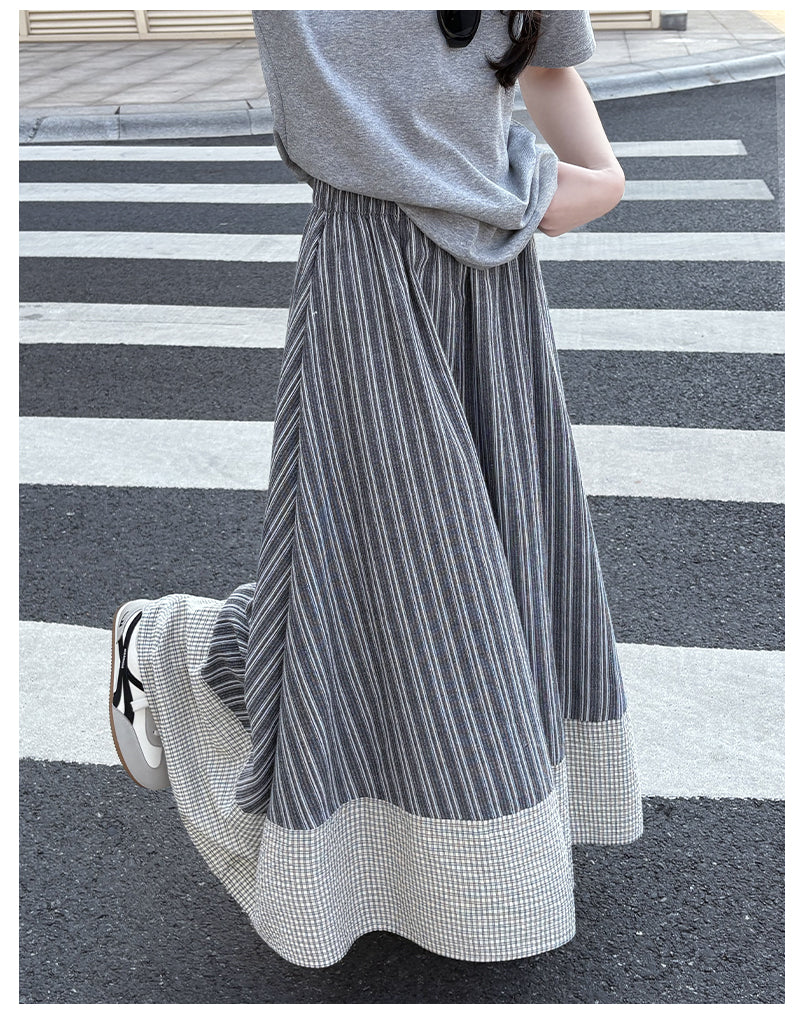 Japanese Mori-Style Striped Maxi Skirt With Gingham Border