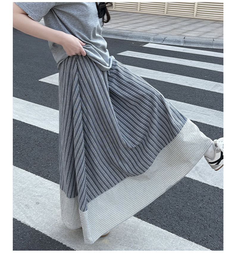 Japanese Mori-Style Striped Maxi Skirt With Gingham Border