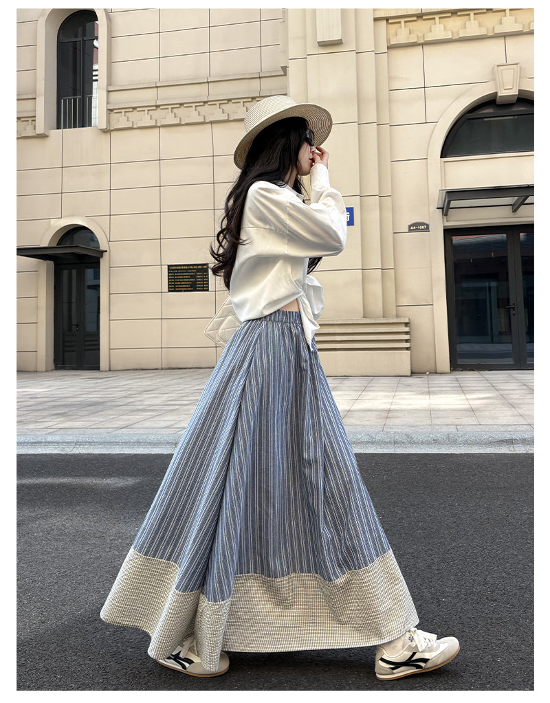 Japanese Mori-Style Striped Maxi Skirt With Gingham Border