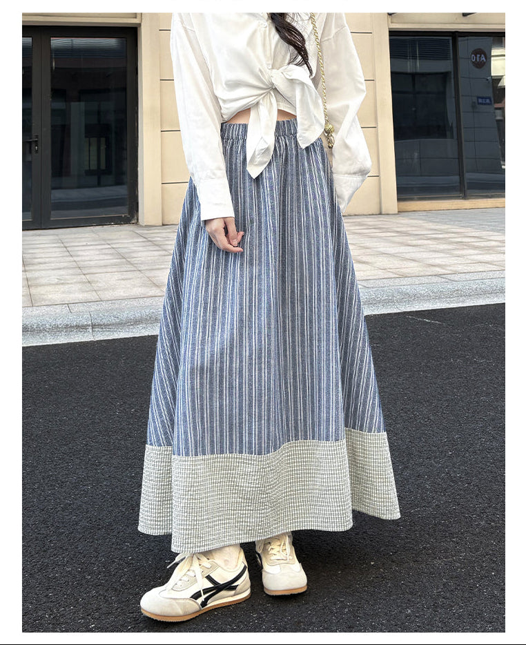 Japanese Mori-Style Striped Maxi Skirt With Gingham Border