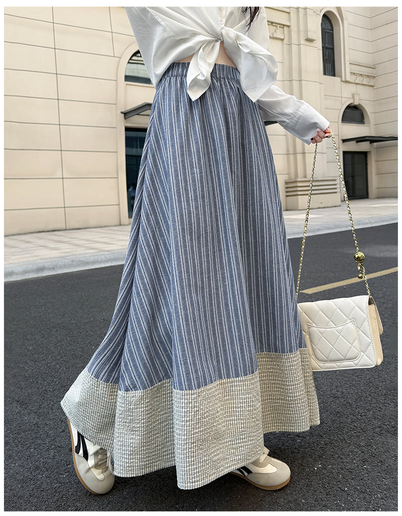 Japanese Mori-Style Striped Maxi Skirt With Gingham Border