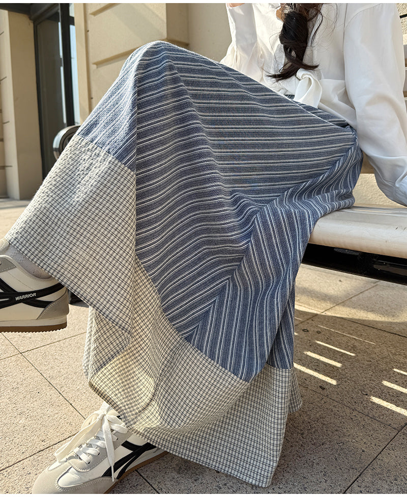 Japanese Mori-Style Striped Maxi Skirt With Gingham Border