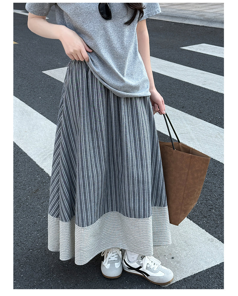 Japanese Mori-Style Striped Maxi Skirt With Gingham Border